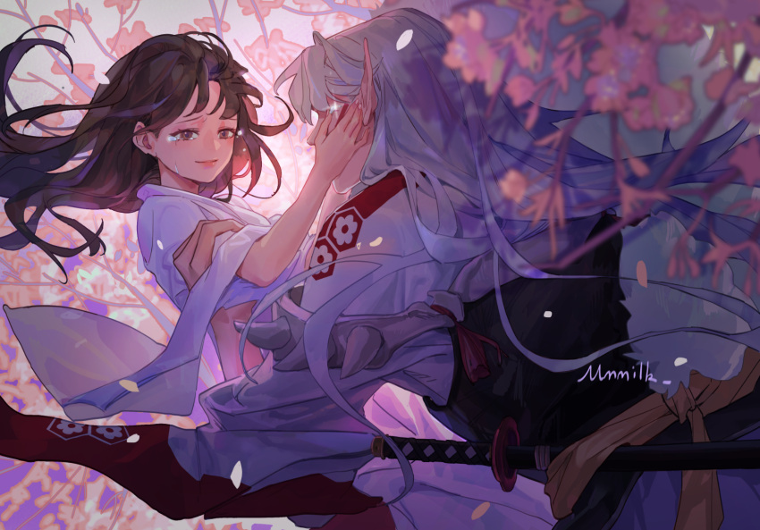 1boy, 1girl, black_hair, brown_eyes, cherry_blossoms, closed_mouth, commentary, couple