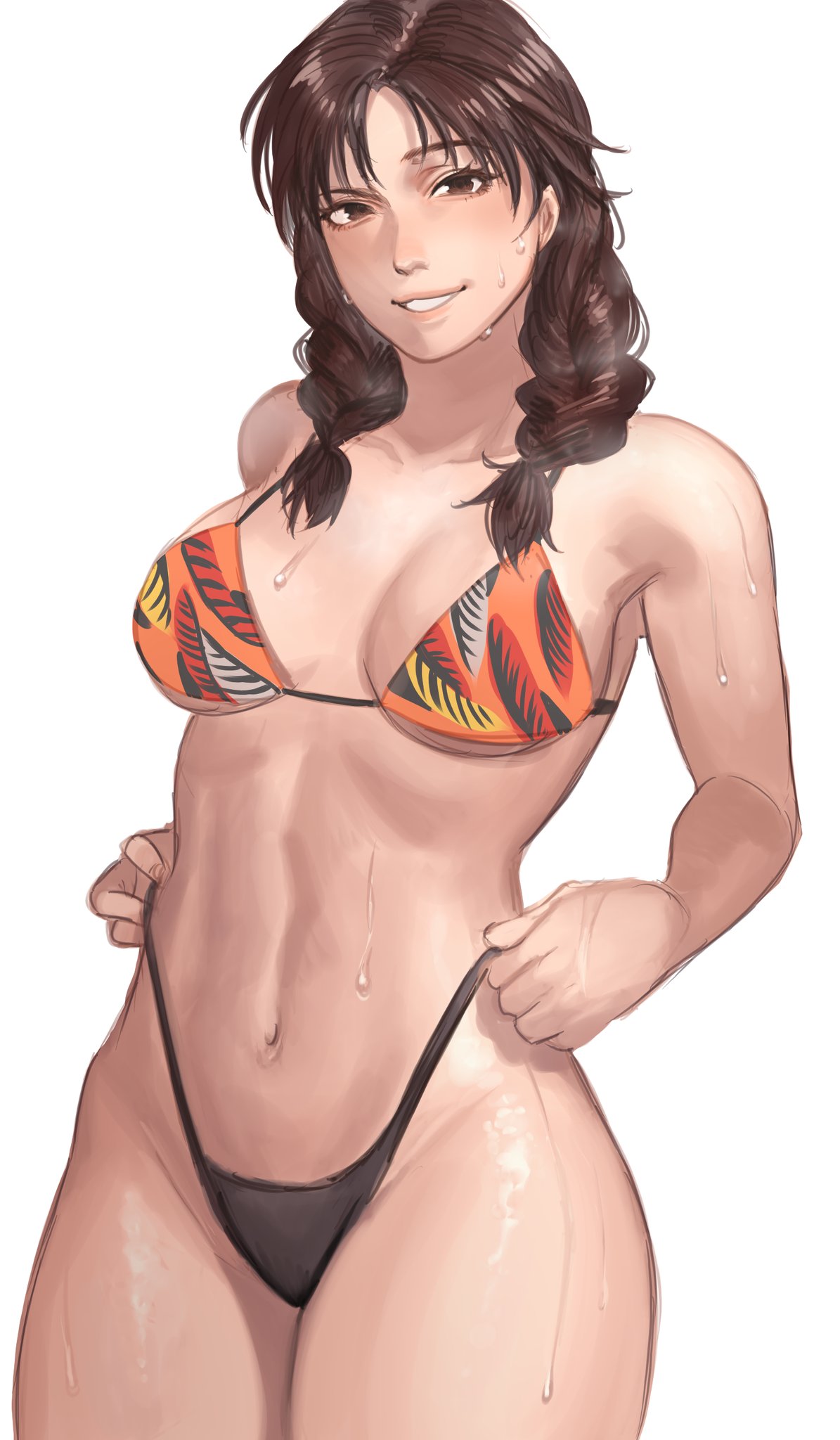 1girl, abs, adjusting_clothes, adjusting_swimsuit, bikini, braid, breasts, brown_eyes