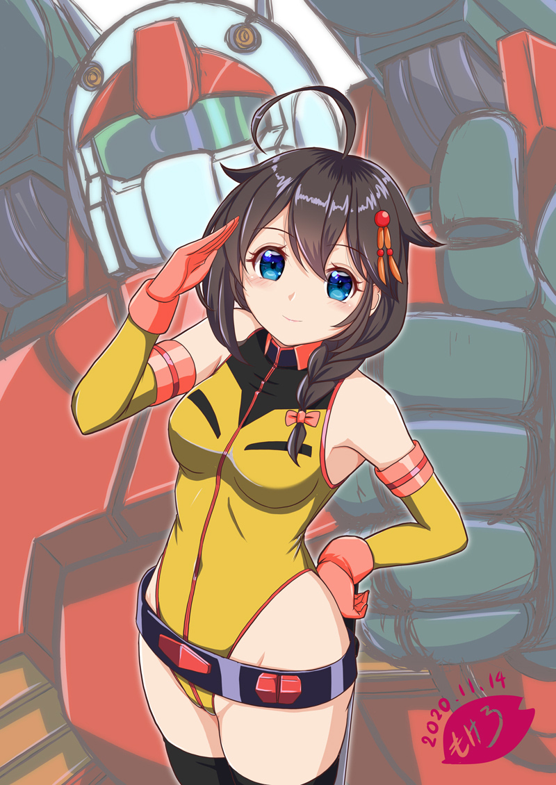 1girl, ahoge, artist_logo, belt, black_hair, blue_eyes, braid, breasts