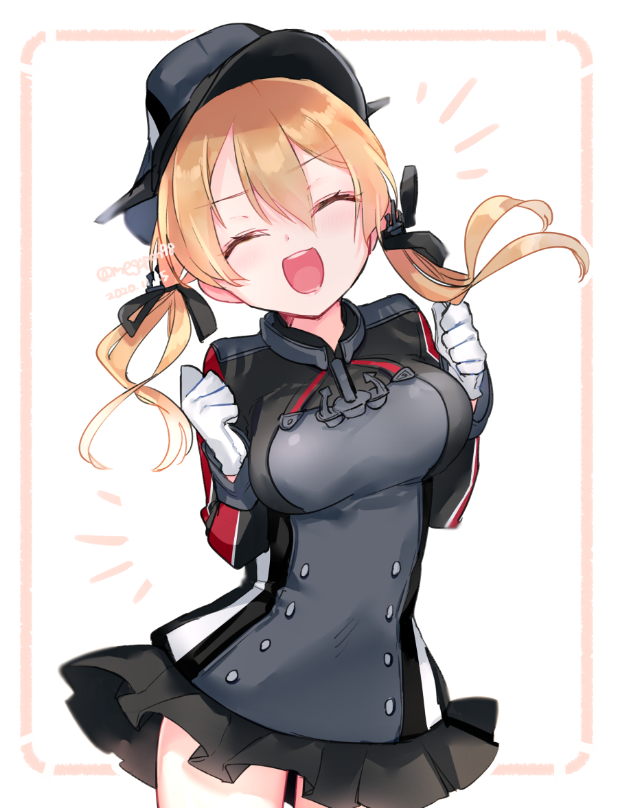 1girl, black_skirt, blonde_hair, blush, breasts, closed_eyes, cowboy_shot, eyebrows_visible_through_hair, gloves, hair_between_eyes, hat, kantai_collection, large_breasts, long_hair, long_sleeves, low_twintails, glasses_poni, military, military_hat, military_uniform, open_mouth, peaked_cap, pleated_skirt, prinz_eugen_(kantai_collection), skirt, smile, solo, twintails, twitter_username, uniform, white_gloves