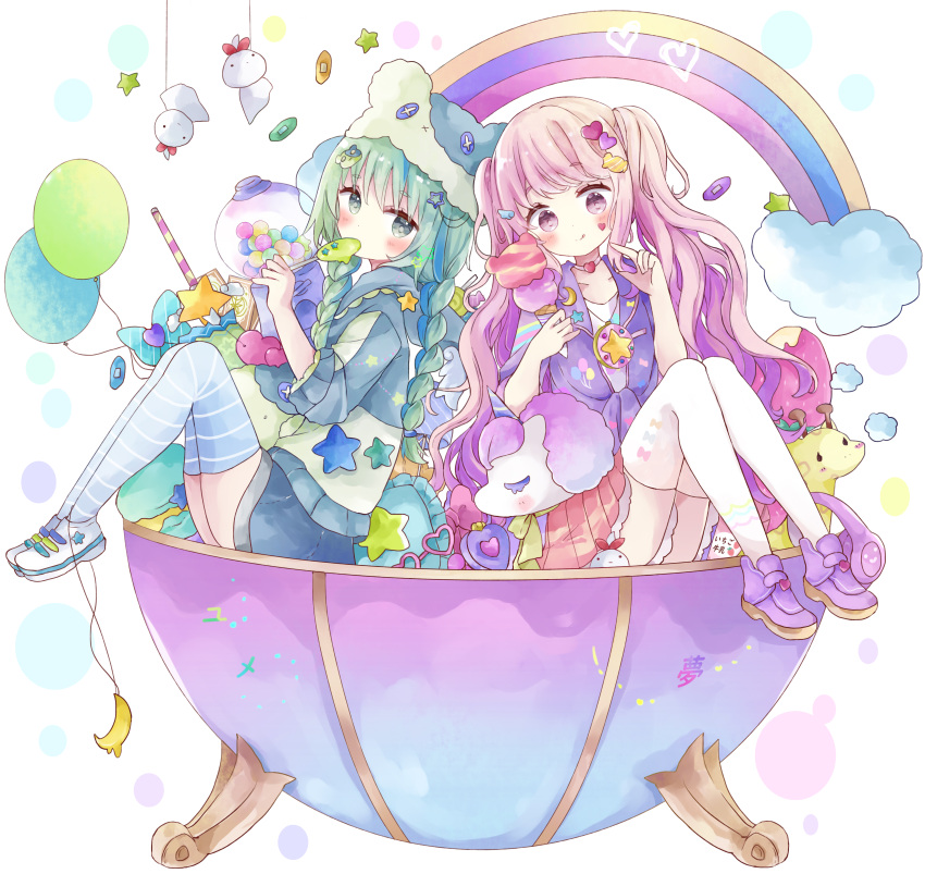 2girls, absurdres, animal_ears, animal_hat, arrow_(projectile), arrow_through_heart, balloon, bandaid