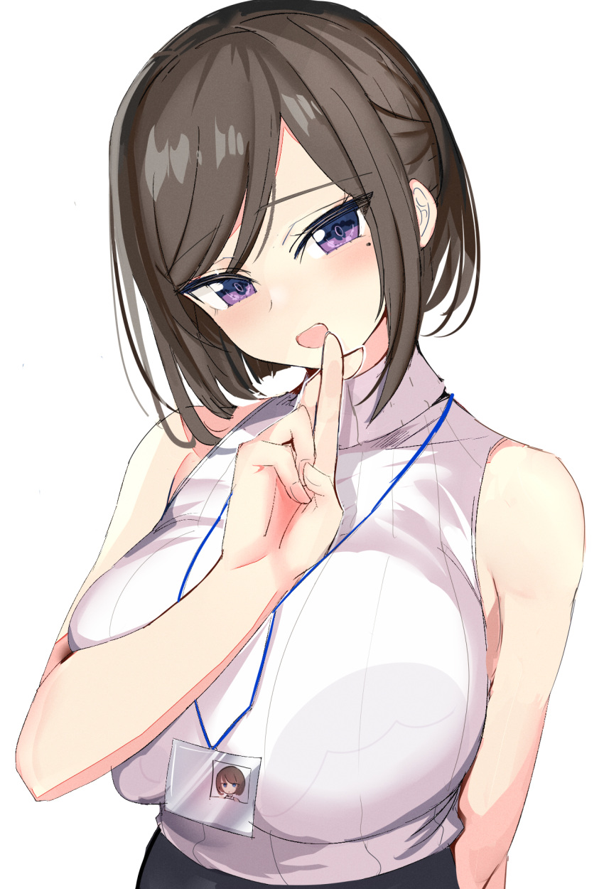 1girl, bangs, bare_shoulders, black_skirt, bra_through_clothes, breasts, brown_hair, crossed_fingers