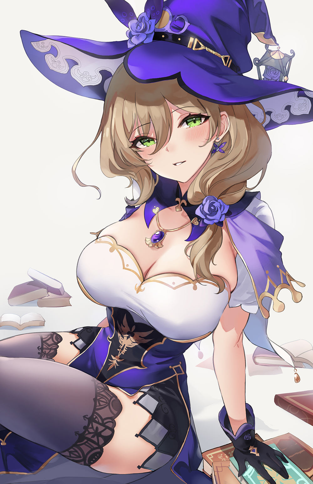 1girl, bangs, blush, book, breasts, brown_hair, dress, earrings