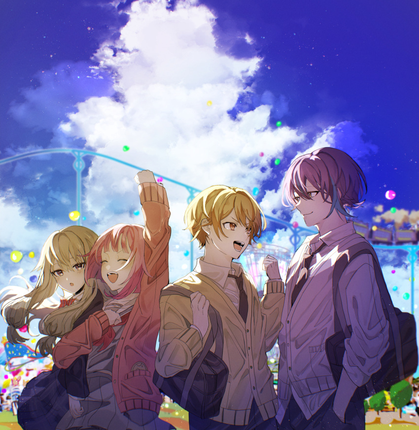 2boys, 2girls, :d, :o, absurdres, amusement_park, arm_up, bag, balloon, bangs, black_jacket, black_neckwear, blonde_hair, blue_hair, blue_skirt, cardigan, clenched_hand, closed_eyes, clouds, collared_shirt, dress_shirt, facing_another, ferris_wheel, fist_pump, grey_shirt, grey_skirt, hands_in_pockets, hayama, highres, jacket, kamishiro_rui, kusanagi_nene, locked_arms, looking_at_another, low_twintails, multicolored_hair, multiple_boys, multiple_girls, neckerchief, necktie, ootori_emu, open_cardigan, open_clothes, open_mouth, orange_eyes, pants, pink_cardigan, pink_hair, plaid, plaid_skirt, pleated_skirt, project_sekai, purple_hair, red_neckwear, roller_coaster, sailor_collar, school_bag, school_uniform, serafuku, shirt, short_hair, sidelocks, skirt, sky, smile, streaked_hair, sweater, teeth, tenma_tsukasa, twintails, white_shirt, yellow_sweater