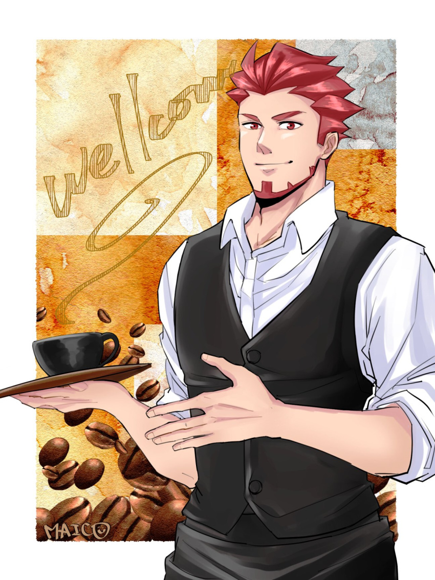 0402ma_(maico), 1boy, 2bro., artist_name, barista, beard, black_vest, coffee_beans, cup, facial_hair, highres, holding, holding_tray, looking_at_viewer, male_focus, mug, red_eyes, redhead, shirt, sleeves_rolled_up, solo, tray, vest, white_shirt