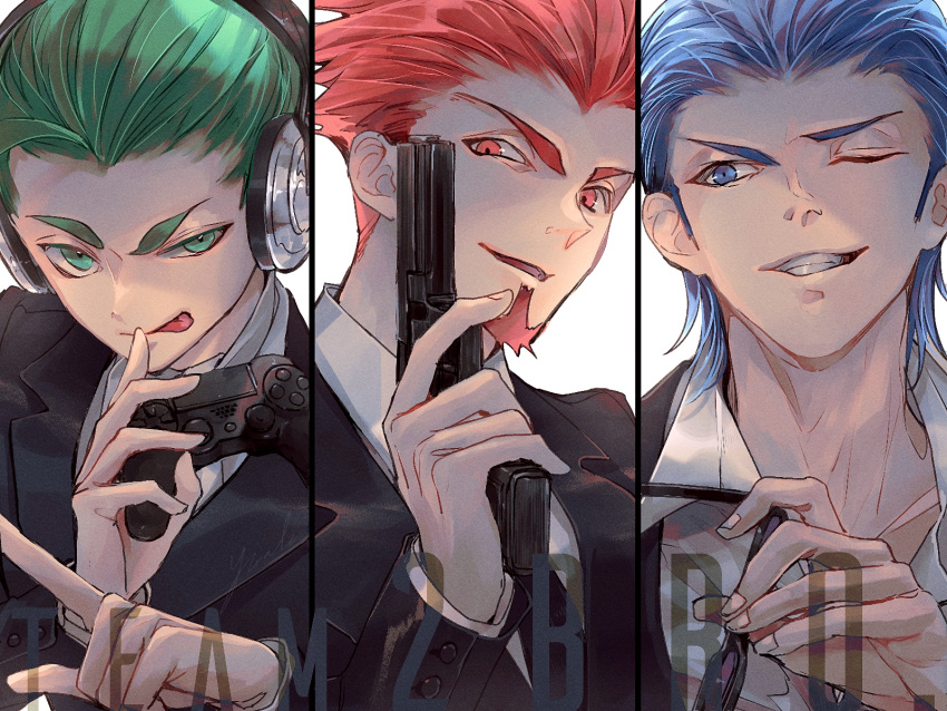 2bro., anija_(2bro.), black_neckwear, blue_eyes, blue_hair, controller, copyright_name, facial_hair, formal, game_controller, goatee, green_eyes, green_hair, gun, headphones, highres, holding, holding_gun, holding_weapon, licking_lips, male_focus, necktie, nemumi_no_sora, one_eye_closed, otoja, otsuichi_(2bro.), pointing, red_eyes, redhead, smile, smirk, suit, tongue, tongue_out, upper_body, weapon