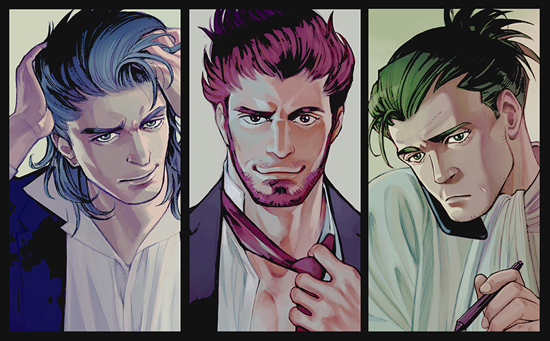 2bro., 3boys, adjusting_clothes, adjusting_hair, adjusting_necktie, anija_(2bro.), beard, blue_eyes