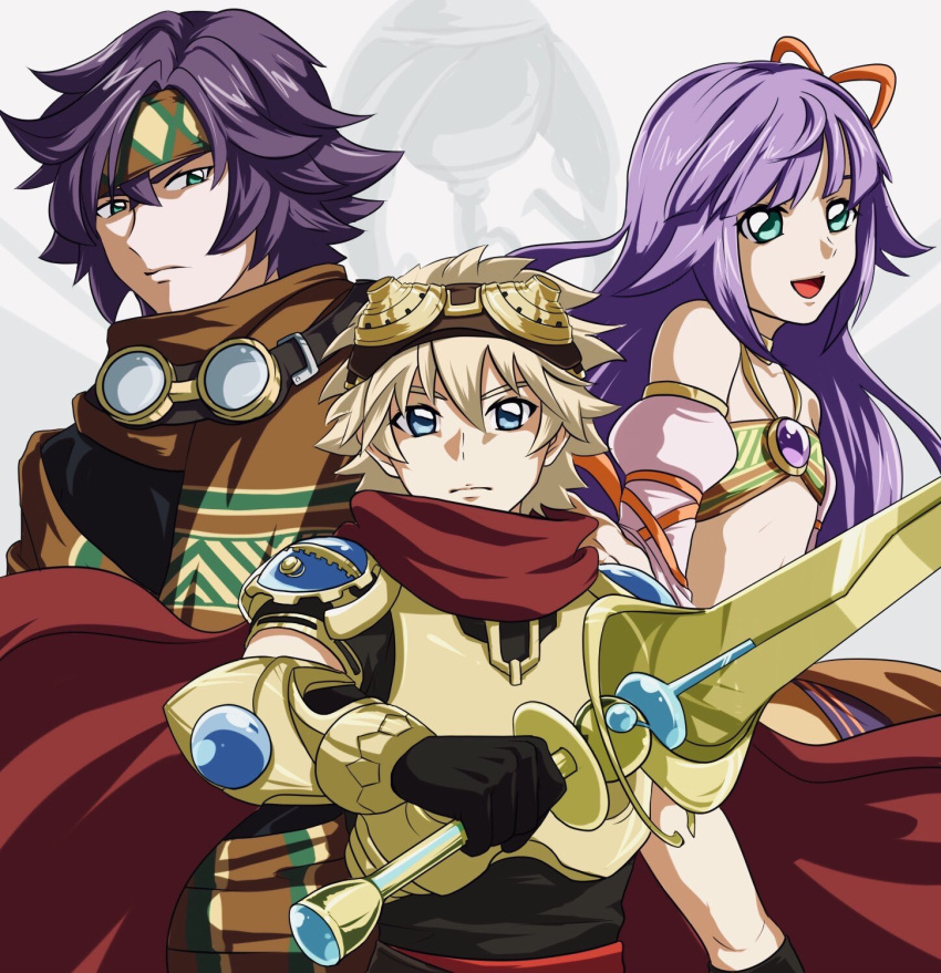 1girl, 2boys, armor, bangs, black_gloves, blonde_hair, blue_eyes, bow