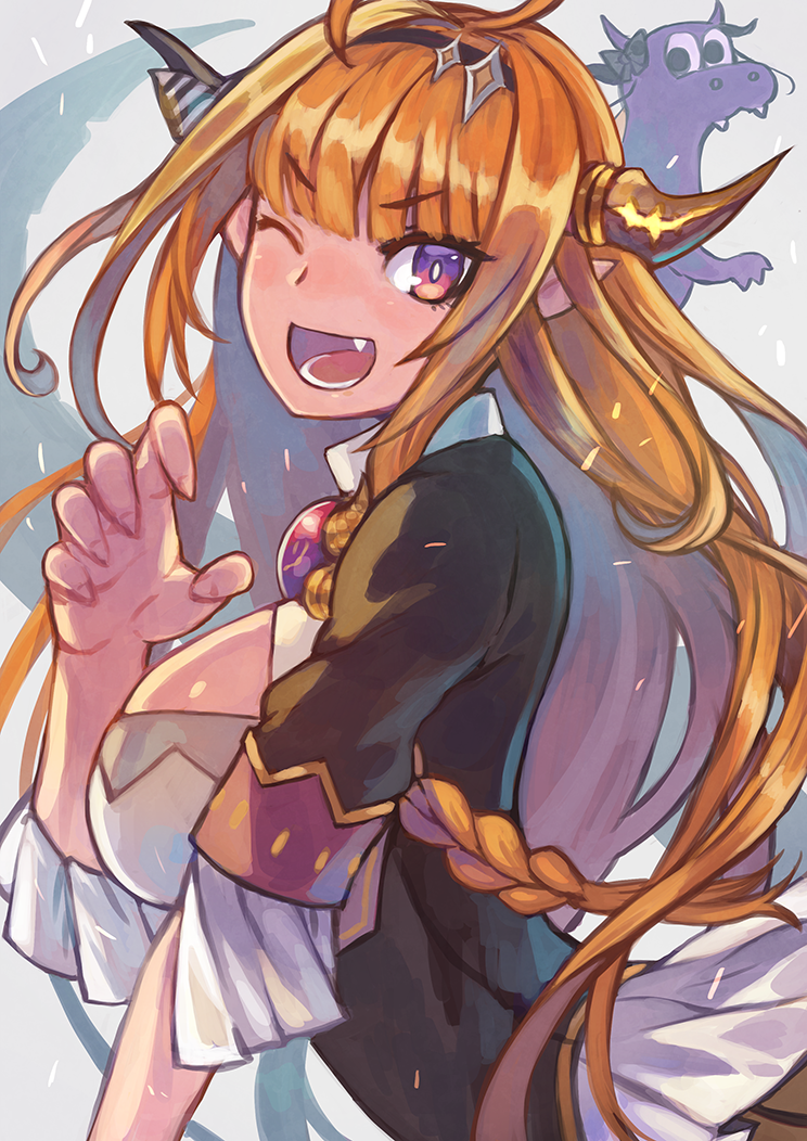 1girl, ;d, ahoge, bangs, black_hairband, braid, breasts, bright_pupils, brown_horns, dragon, dragon_girl, dragon_horns, dual_persona, eyebrows_visible_through_hair, fang, fingernails, hairband, hololive, horns, kiryuu_coco, kiryuu_coco_(dragon), large_breasts, long_hair, multicolored, multicolored_eyes, one_eye_closed, open_mouth, pink_eyes, pointy_ears, rumie, sharp_fingernails, sleeves_past_elbows, smile, teeth, v-shaped_eyebrows, very_long_hair, violet_eyes, virtual_youtuber, white_pupils, yellow_eyes