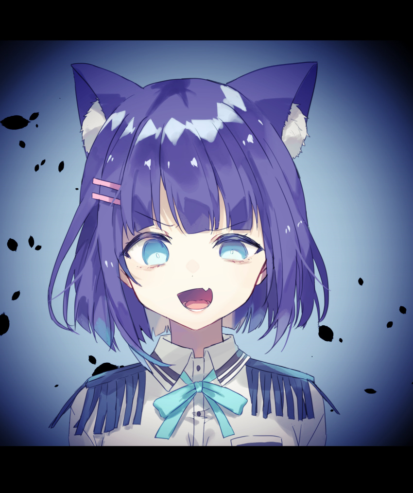 1girl, animal_ear_fluff, animal_ears, bangs, blue_bow, blue_eyes, blue_hair, blue_neckwear