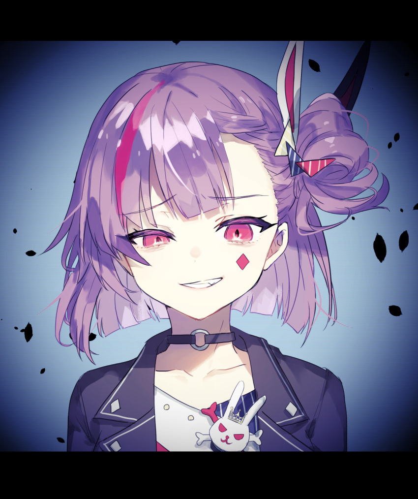1girl, animal_ears, bangs, black_jacket, chibirisu, choker, diamond_(shape), evil_smile