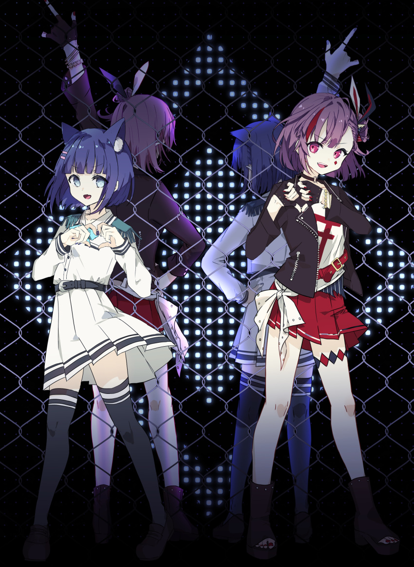 4girls, absurdres, animal_ear_fluff, animal_ears, arm_up, back-to-back, bangs, belt