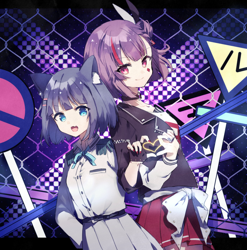 2girls, animal_ear_fluff, animal_ears, bangs, belt, black_jacket, blue_bow, blue_eyes