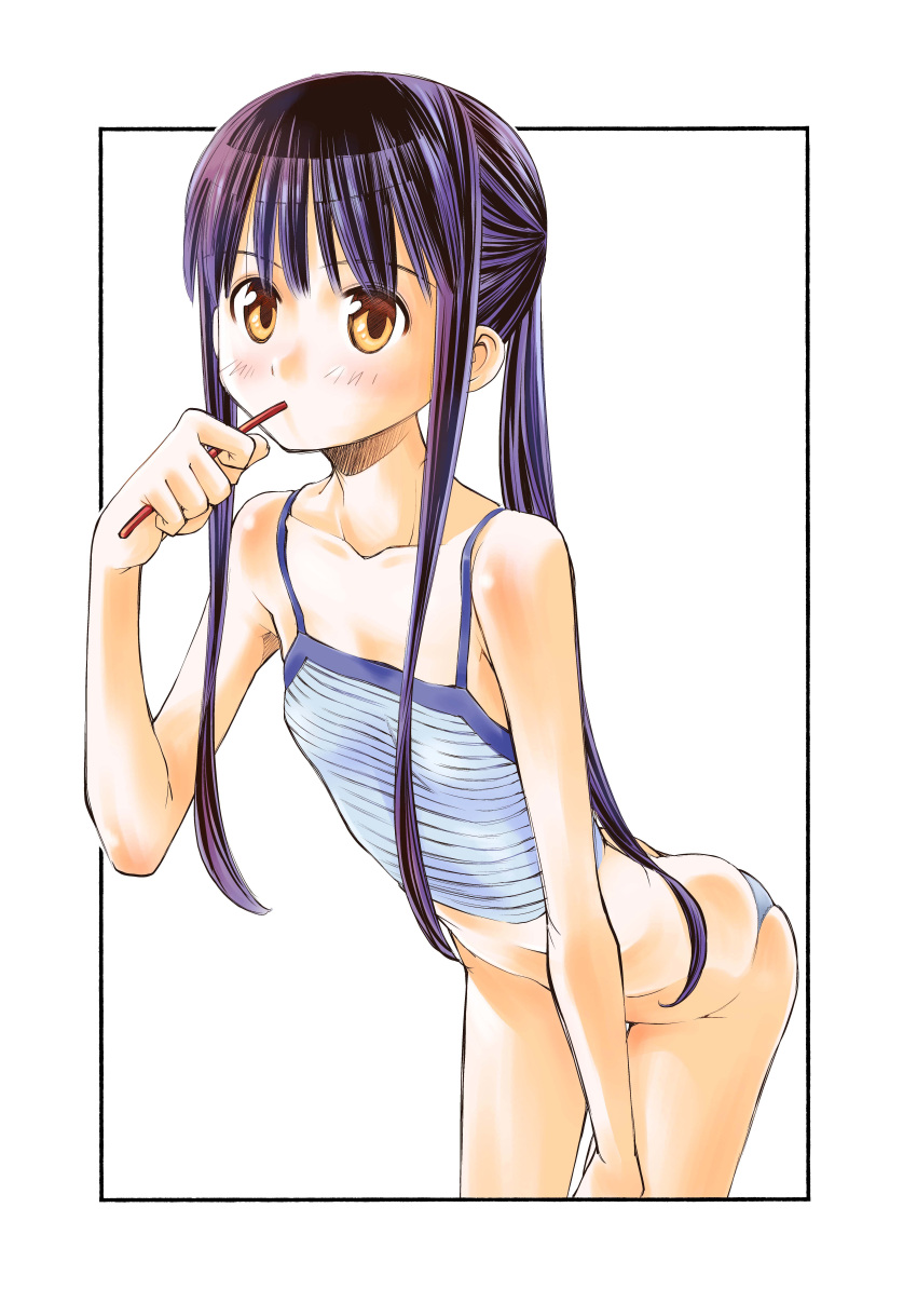 1girl, absurdres, bangs, black_border, black_hair, blue_panties, blue_shirt, border