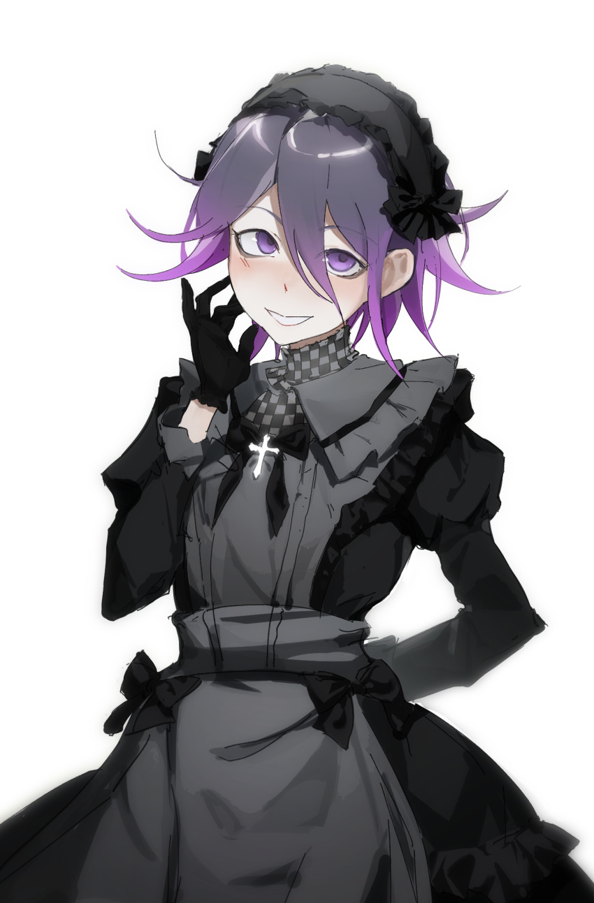 1boy, alternate_costume, apron, arm_behind_back, bangs, black_bow, black_dress, black_gloves