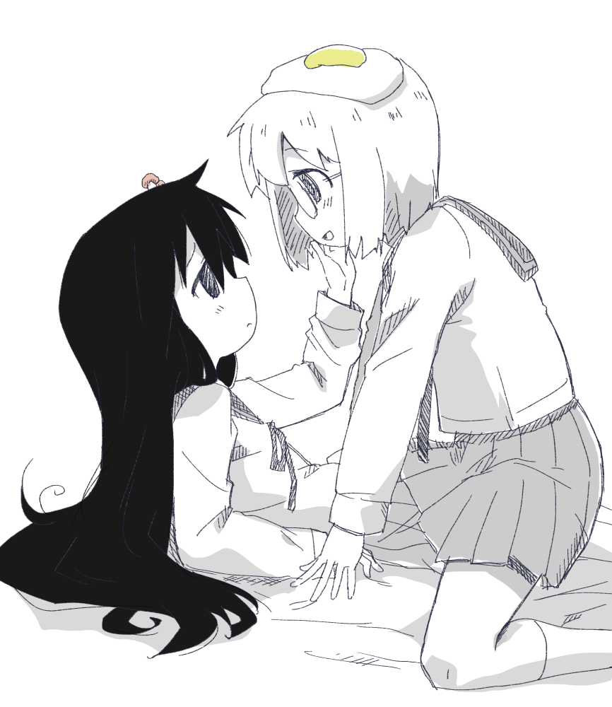 2girls, black_hair, food, food_on_head, fried_egg, glasses, gobera, limited_palette