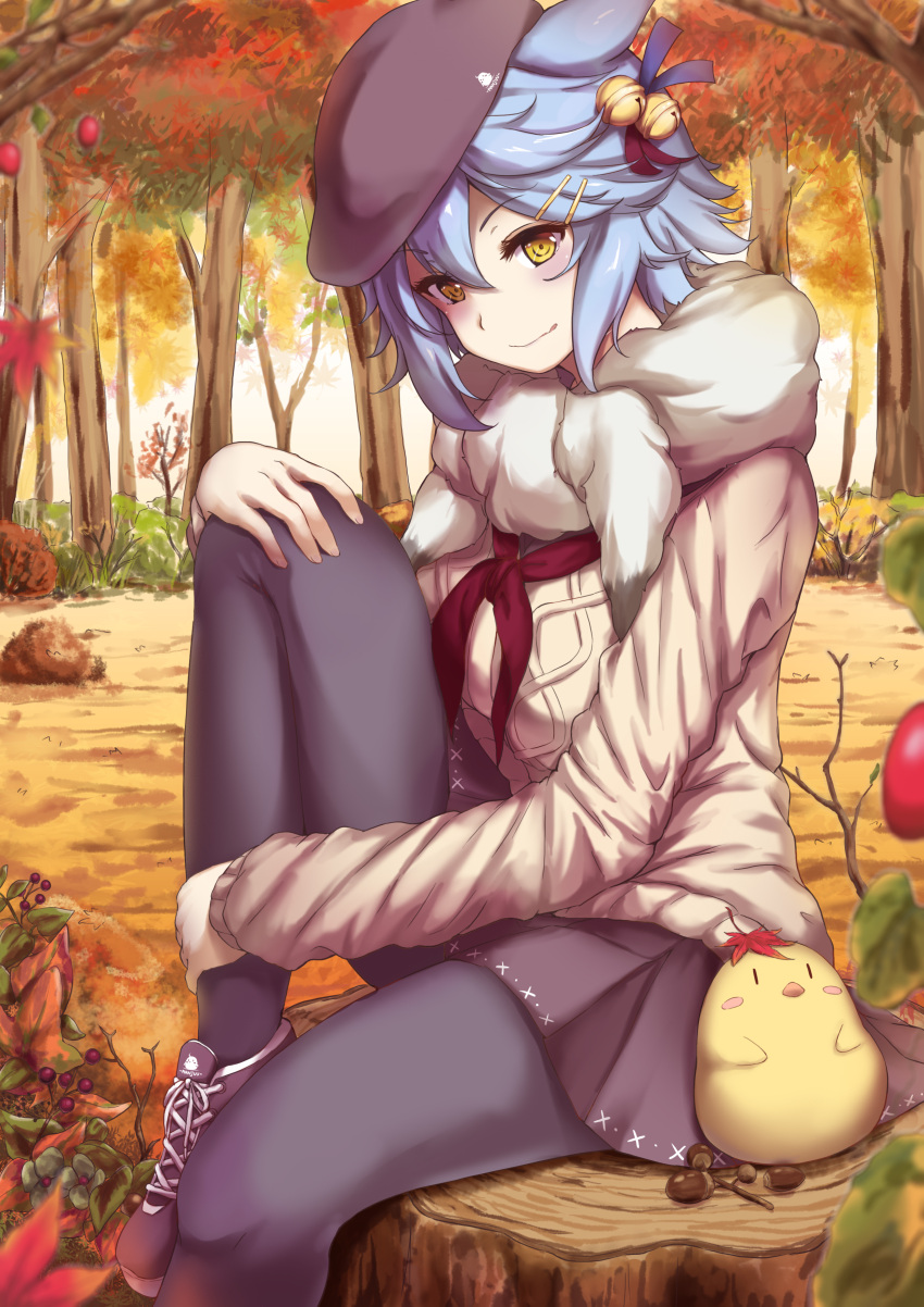1girl, absurdres, animal_ears, autumn, azur_lane, bell, black_legwear, blush, breasts, commentary_request, fox_ears, fubuki_(azur_lane), hair_bell, hair_ornament, hat, highres, jingle_bell, light_blue_hair, manjuu_(azur_lane), pantyhose, scarf, short_hair, skirt, smile, sweater, tree_stump, yamataka, yellow_eyes