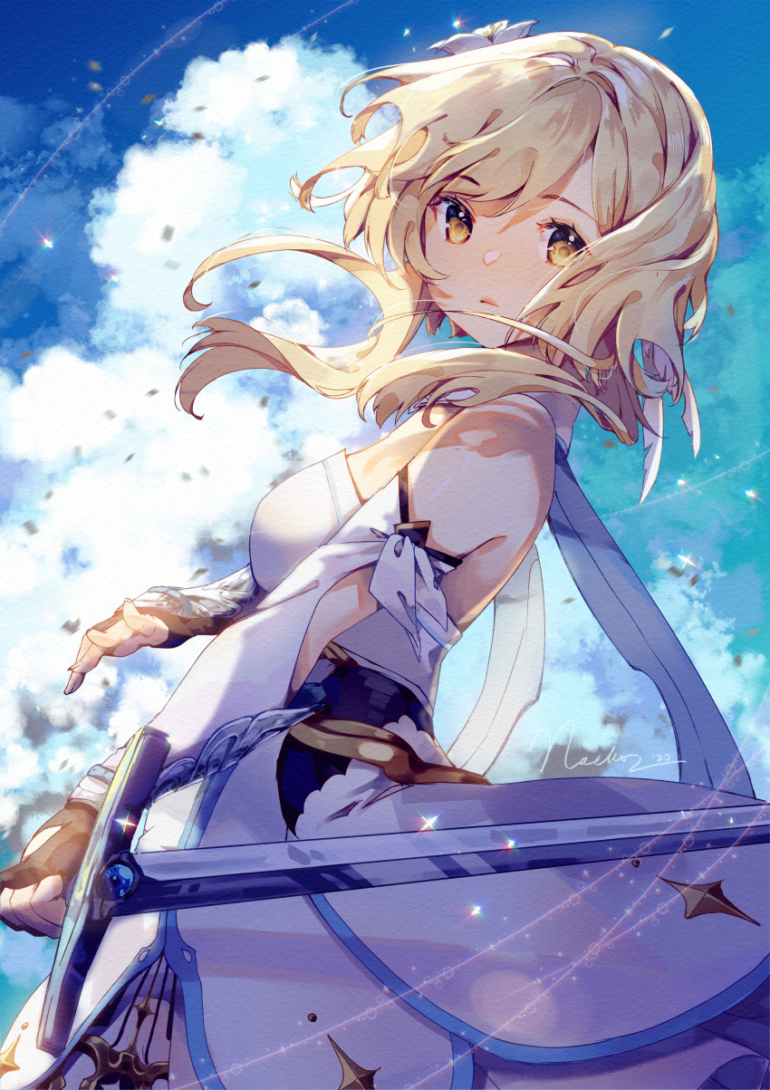 1girl, absurdres, bangs, bare_shoulders, blonde_hair, breasts, brown_gloves, closed_mouth