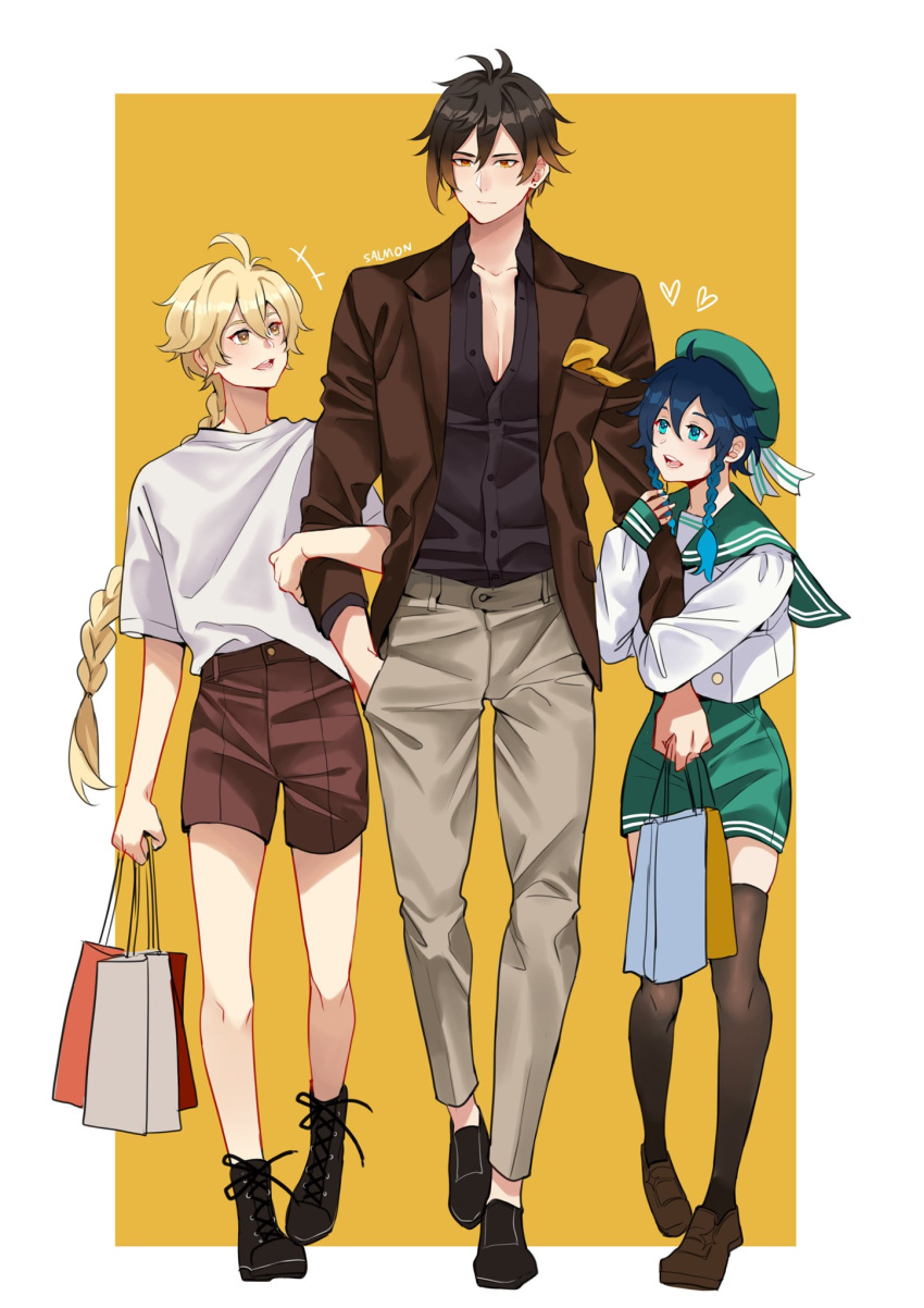3boys, aether_(genshin_impact), ahoge, bag, bangs, black_hair, black_legwear, black_shirt