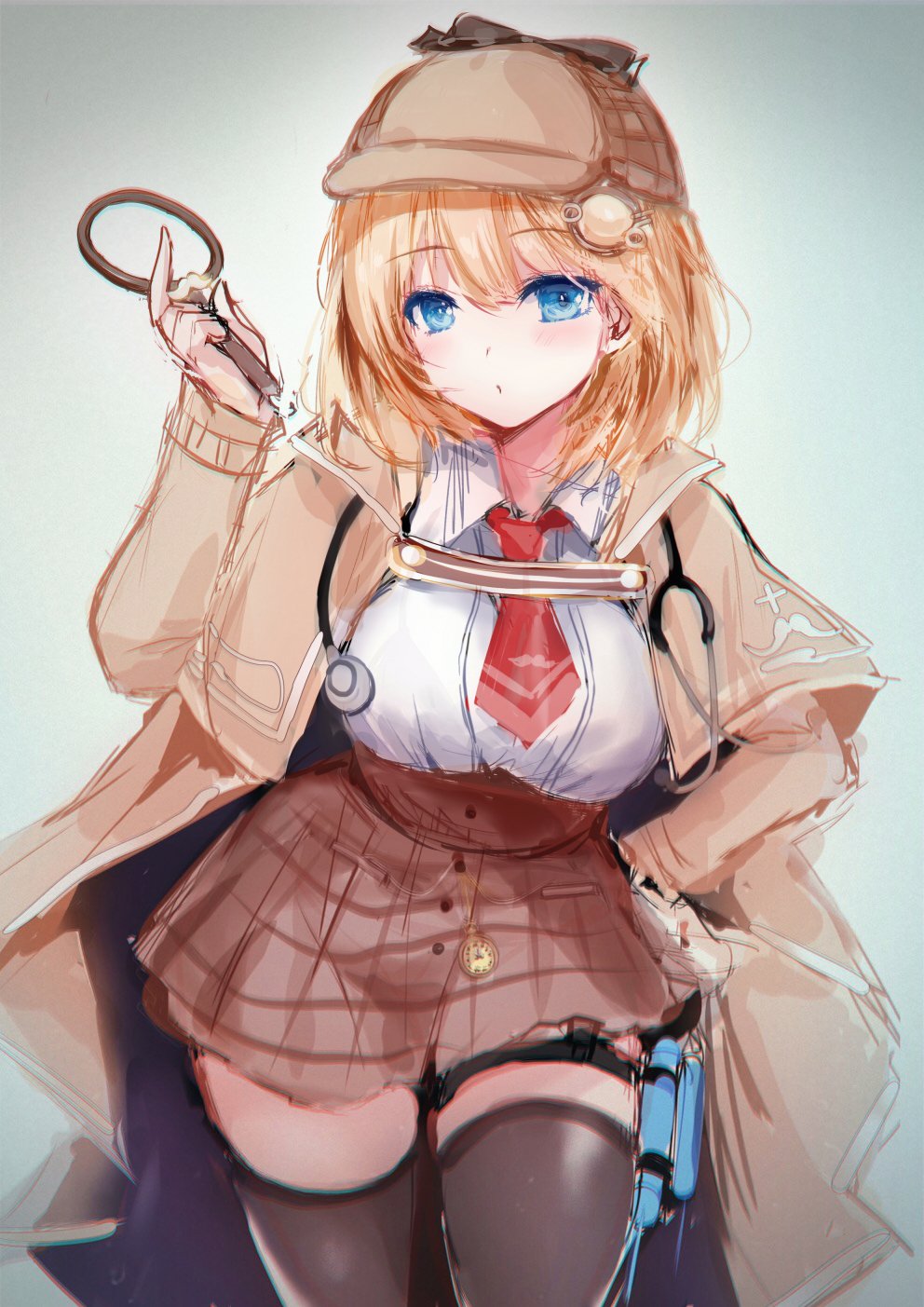 1girl, blonde_hair, blue_eyes, bow, breasts, brown_coat, brown_legwear, coat
