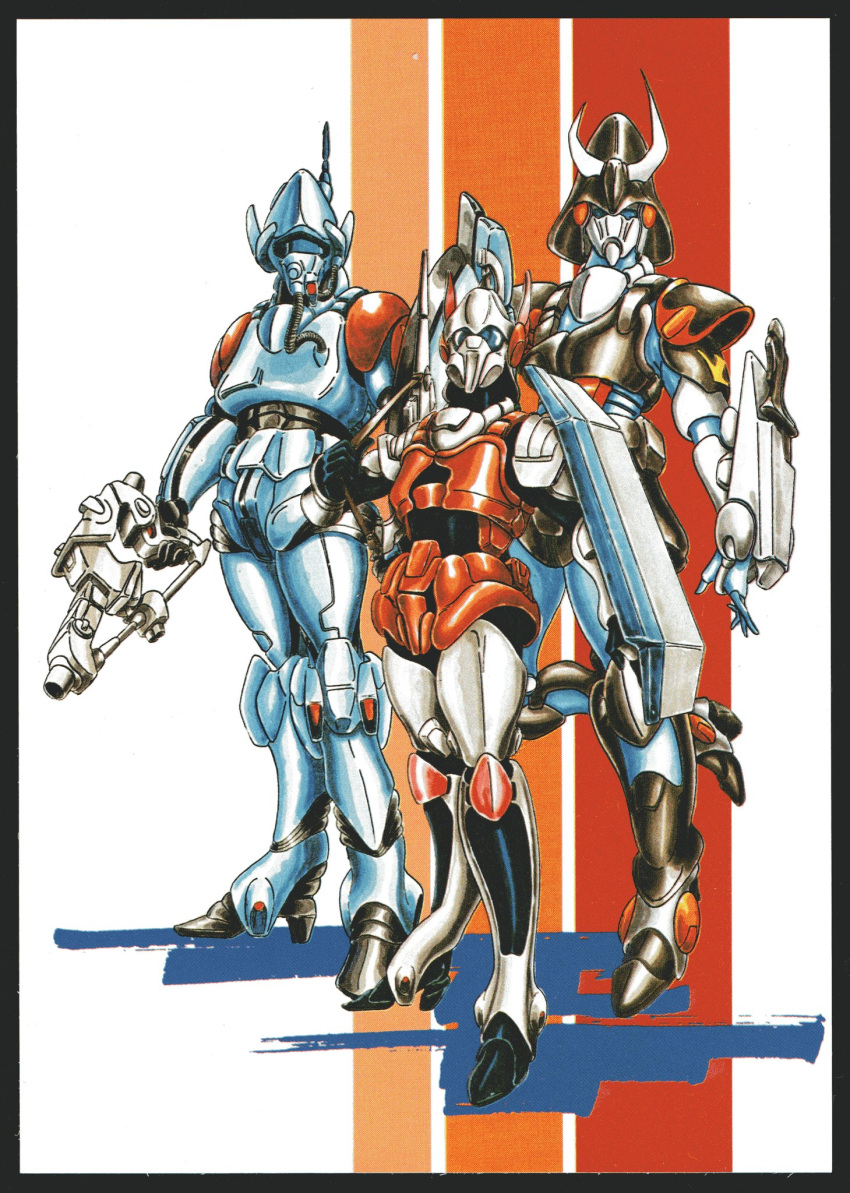 1980s_(style), 3girls, arming_doublet, armor, army, atac, beam_rifle, body_armor