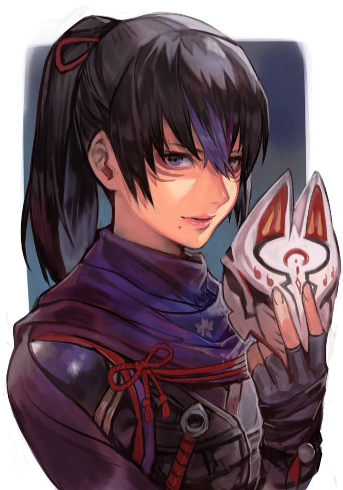 1girl, black_gloves, black_hair, blue_hair, fingerless_gloves, gloves, hair_ribbon, half_mask