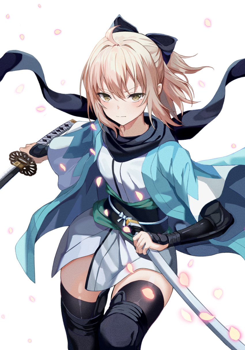 1girl, absurdres, ahoge, bangs, black_bow, black_legwear, black_sash, black_scarf