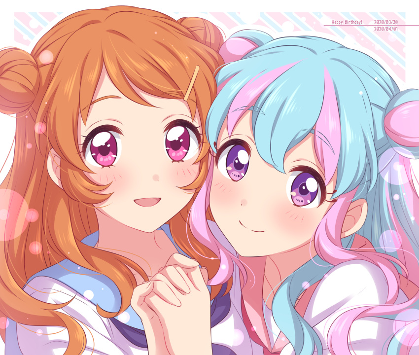 2girls, :d, absurdres, aikatsu!_(series), aikatsu_stars!, blue_hair, blue_sailor_collar, blush