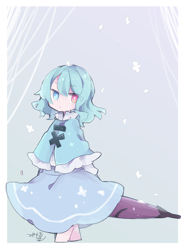 1girl, bangs, blue_capelet, blue_eyes, blue_hair, blue_skirt, bright_pupils, capelet