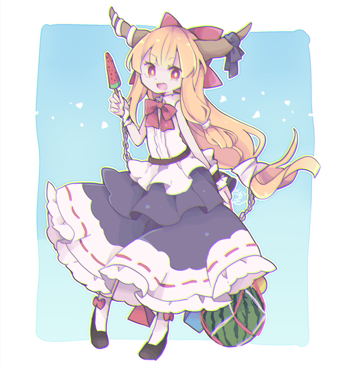 1girl, bangs, black_footwear, blonde_hair, blue_background, blue_dress, bow, bowtie