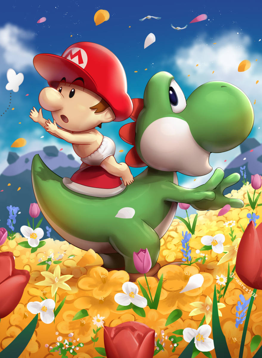 1boy, baby, baby_mario, barefoot, bird, black_eyes, blue_sky, brown_footwear