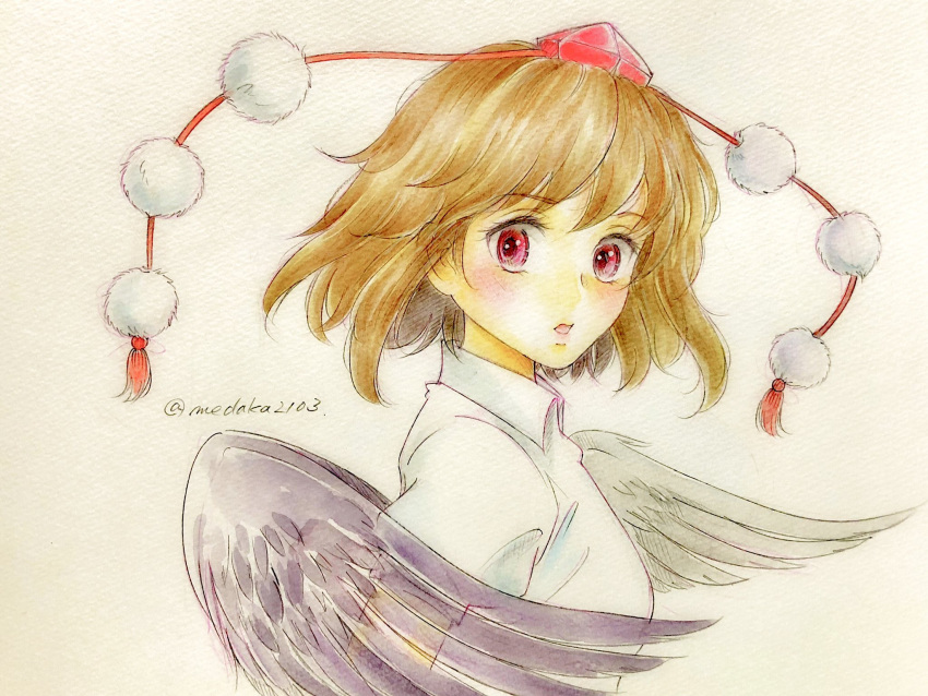 1girl, black_hair, black_wings, bob_cut, collared_shirt, colored_pencil_(medium), commentary, feathered_wings
