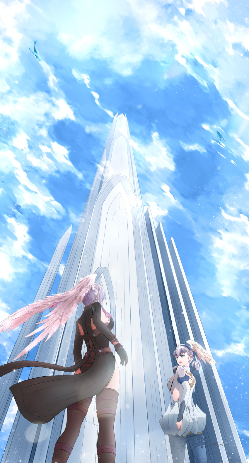2girls, absurdres, bangs, black_dress, blue_eyes, blue_sky, clouds, commentary_request