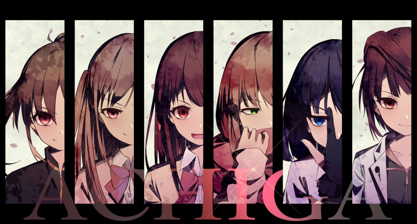 6+girls, achiga_school_uniform, akado_harue, atarashi_ako, bangs, black_gloves, black_hair, black_jacket, blue_eyes, blunt_ends, bob_cut, bow, bowling_glove, brown_eyes, brown_hair, cardigan, closed_mouth, commentary, diffraction_spikes, dress_shirt, gloves, half-closed_eyes, highres, jacket, long_hair, long_sleeves, looking_at_viewer, matsumi_kuro, matsumi_yuu, multiple_girls, open_mouth, pink_cardigan, pink_scarf, ponytail, red_bow, red_eyes, red_neckwear, redhead, romaji_text, sagimori_arata, saki, saki_achiga-hen, scarf, school_uniform, shirt, short_hair, shun'ya_(daisharin36), smile, takakamo_shizuno, track_jacket, two_side_up, violet_eyes, white_jacket, white_shirt, wing_collar, zipper