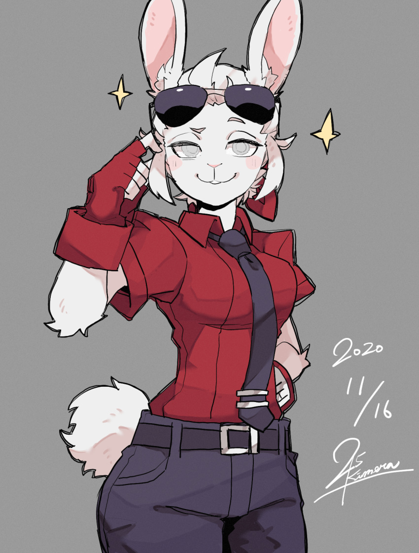 1girl, 25_kimera, :3, animal_ears, belt, black_neckwear, black_pants, blush, bunny_tail, closed_mouth, collared_shirt, commentary_request, dated, eyewear_on_head, fingerless_gloves, furry, gloves, grey_background, grey_eyes, hand_on_hip, hand_up, helltaker, highres, justice_(helltaker), looking_at_viewer, necktie, pants, rabbit_ears, rabbit_girl, red_shirt, shirt, shirt_tucked_in, short_hair, short_sleeves, signature, simple_background, solo, sunglasses, tail, tie_clip, white_fur, white_hair