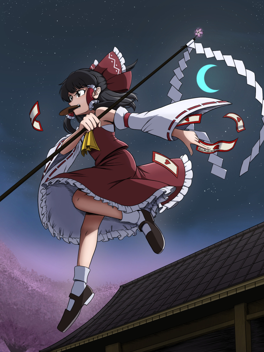 1girl, architecture, armpit_peek, ascot, bare_shoulders, black_hair, bow, brown_eyes