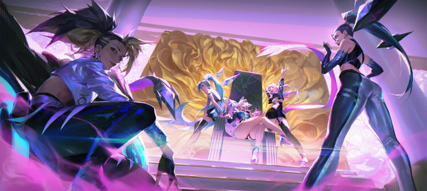 5girls, absurdres, ahri, akali, alov, animal_ears, aqua_hair, arm_up
