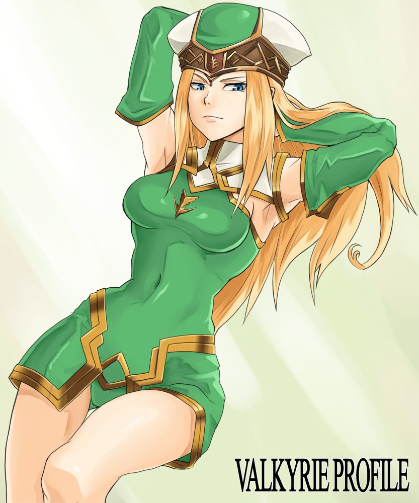 1girl, armpits, blonde_hair, blue_eyes, breasts, closed_mouth, detached_sleeves, freya_(valkyrie_profile)