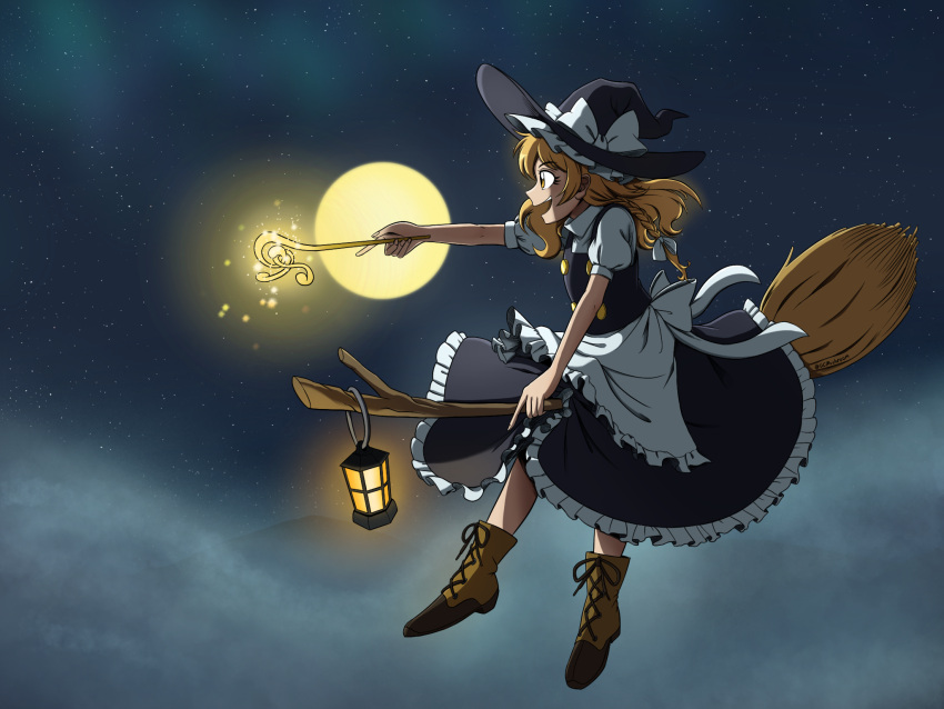1girl, apron, black_dress, blonde_hair, boots, bow, braid, broom