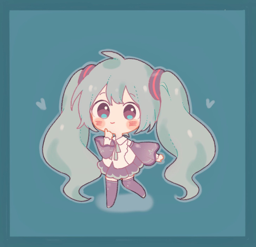 1girl, aqua_eyes, aqua_hair, aqua_neckwear, arm_at_side, black_legwear, black_skirt, blue_background, blue_border, blue_outline, blush, blush_stickers, border, chibi, closed_mouth, collared_shirt, curly_hair, detached_sleeves, eyebrows_visible_through_hair, facing_viewer, finger_to_cheek, full_body, hair_between_eyes, hand_up, happy, hatsune_miku, hatsune_miku_(nt), heart, heart_background, highres, inomo_(qimoshu), long_hair, looking_afar, no_nose, outline, piapro, pleated_skirt, see-through, see-through_sleeves, shiny, shiny_hair, shirt, sidelocks, simple_background, skirt, smile, solo, standing, standing_on_one_leg, tareme, twintails, vocaloid, white_shirt