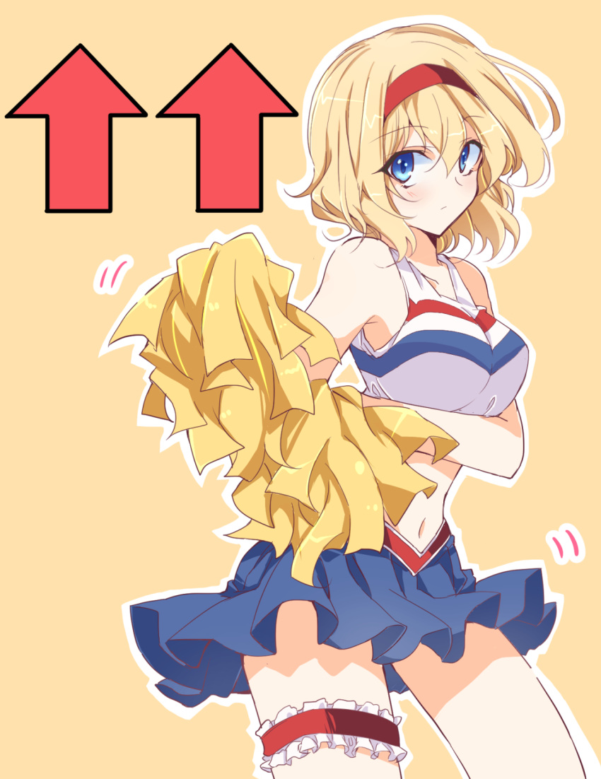 1girl, alice_margatroid, arrow_(symbol), bangs, blonde_hair, blue_eyes, blue_skirt, cheerleader, cowboy_shot, hairband, highres, ichimura_kanata, lolita_hairband, midriff, navel, pink_hairband, pom_poms, shirt, short_hair, simple_background, skirt, touhou, white_shirt, yellow_background, yellow_pom_poms