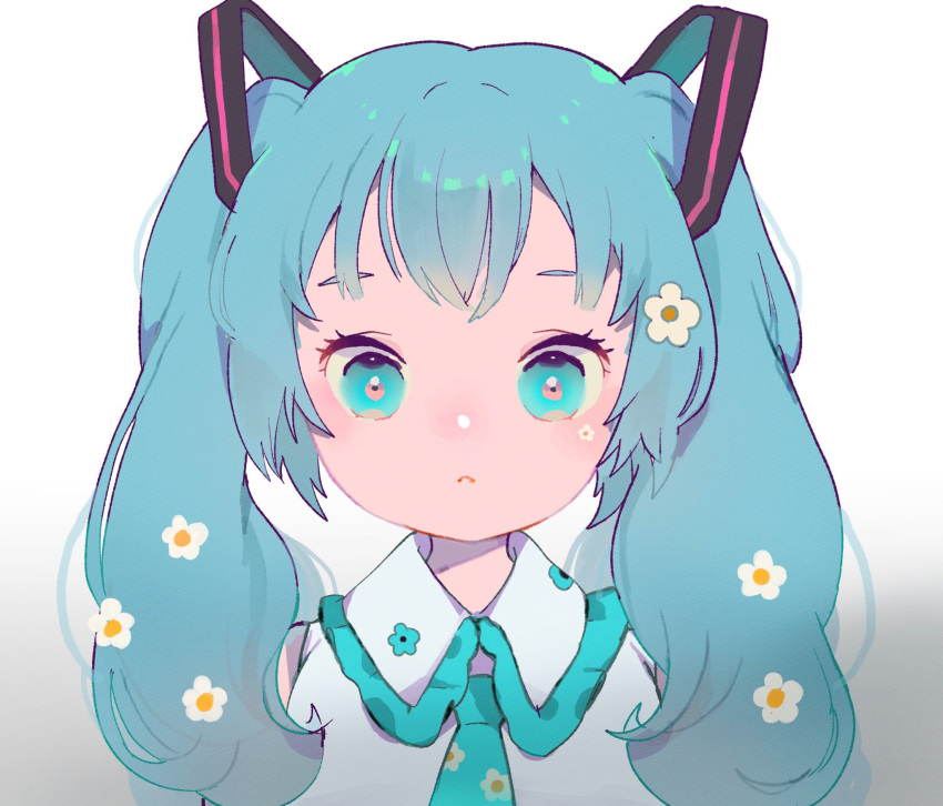 1girl, alternate_hair_length, alternate_hairstyle, aqua_eyes, blue_flower, blue_hair, blue_neckwear, blush