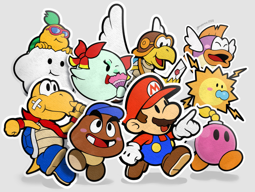 4girls, 5boys, :d, ;d, aviator_cap, bandaid, bandaid_on_face, baseball_cap