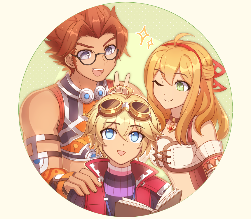1girl, 2boys, :d, ;), bare_shoulders, blonde_hair, blue_eyes, book