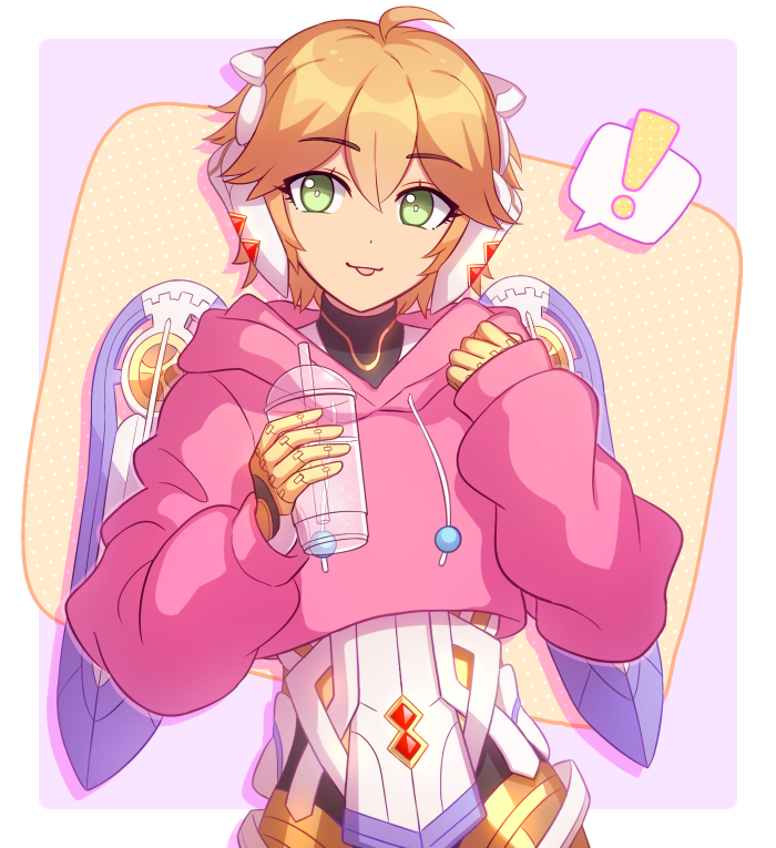 1girl, ahoge, blonde_hair, closed_mouth, cup, cyborg, enni, eyebrows_visible_through_hair, fiora_(xenoblade), green_eyes, holding, holding_cup, hood, hoodie, mecha-fiora, pink_hoodie, short_hair, smile, solo, tongue, tongue_out, upper_body, white_background, xenoblade_chronicles, xenoblade_chronicles_(series)