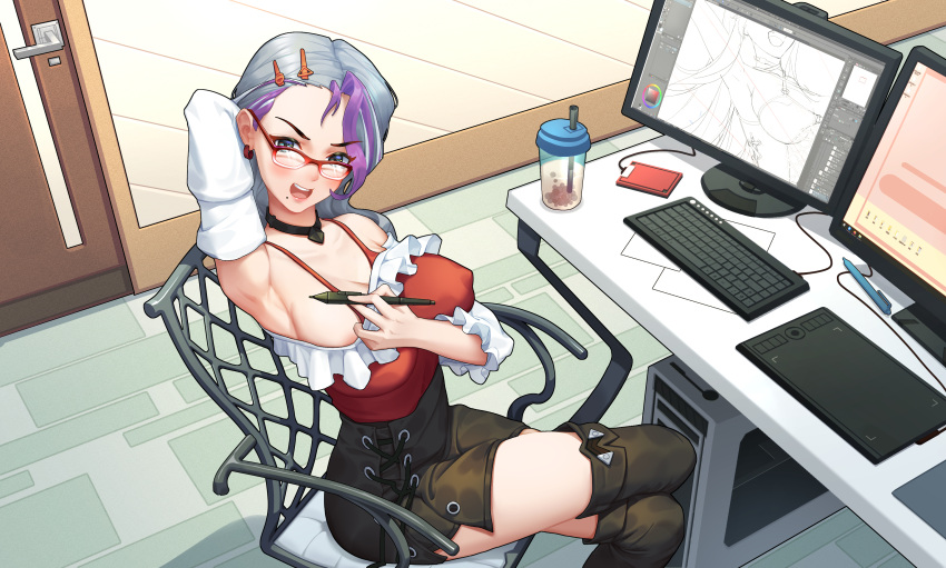 1girl, :d, absurdres, armpits, asymmetrical_hair, black_choker, breasts, bubble_tea