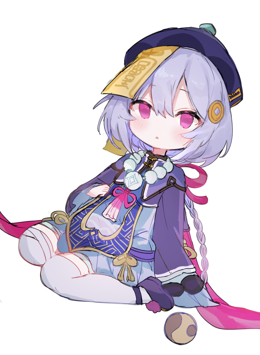 1girl, bandaged_leg, bandages, bangs, bead_necklace, beads, blue_dress, blush, braid, commentary_request, cropped_jacket, dress, eyebrows_visible_through_hair, full_body, genshin_impact, hair_between_eyes, hair_ornament, hat, highres, jacket, jewelry, long_hair, long_sleeves, looking_at_viewer, necklace, neku01n, ofuda, parted_lips, purple_footwear, purple_hair, purple_headwear, purple_jacket, qing_guanmao, qiqi, shoes, simple_background, single_braid, sitting, sleeves_past_fingers, sleeves_past_wrists, solo, thigh-highs, very_long_hair, violet_eyes, wariza, white_background, white_legwear, wide_sleeves, yin_yang