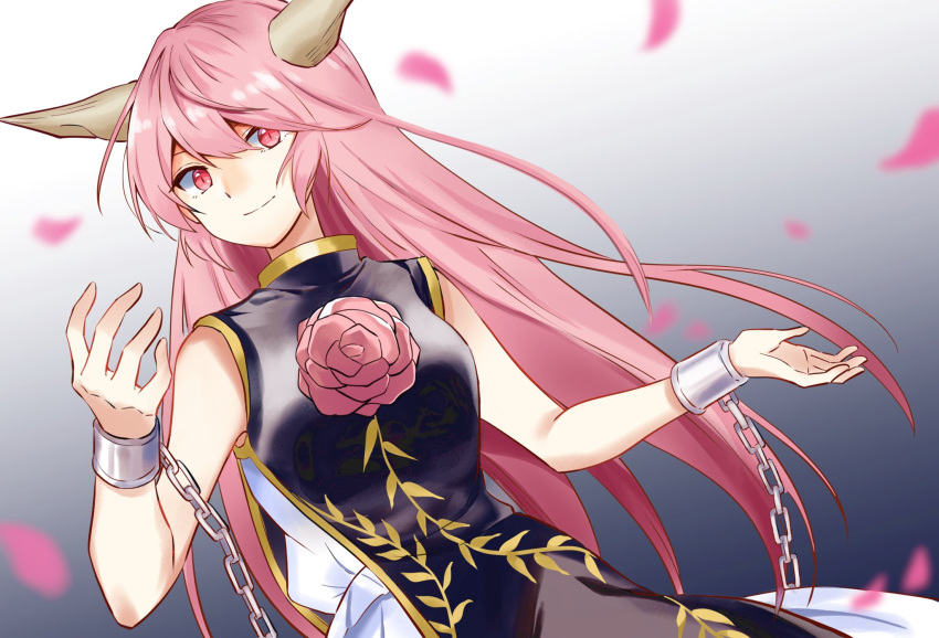 1girl, bangs, bare_shoulders, blurry, blurry_background, breasts, chain, closed_mouth