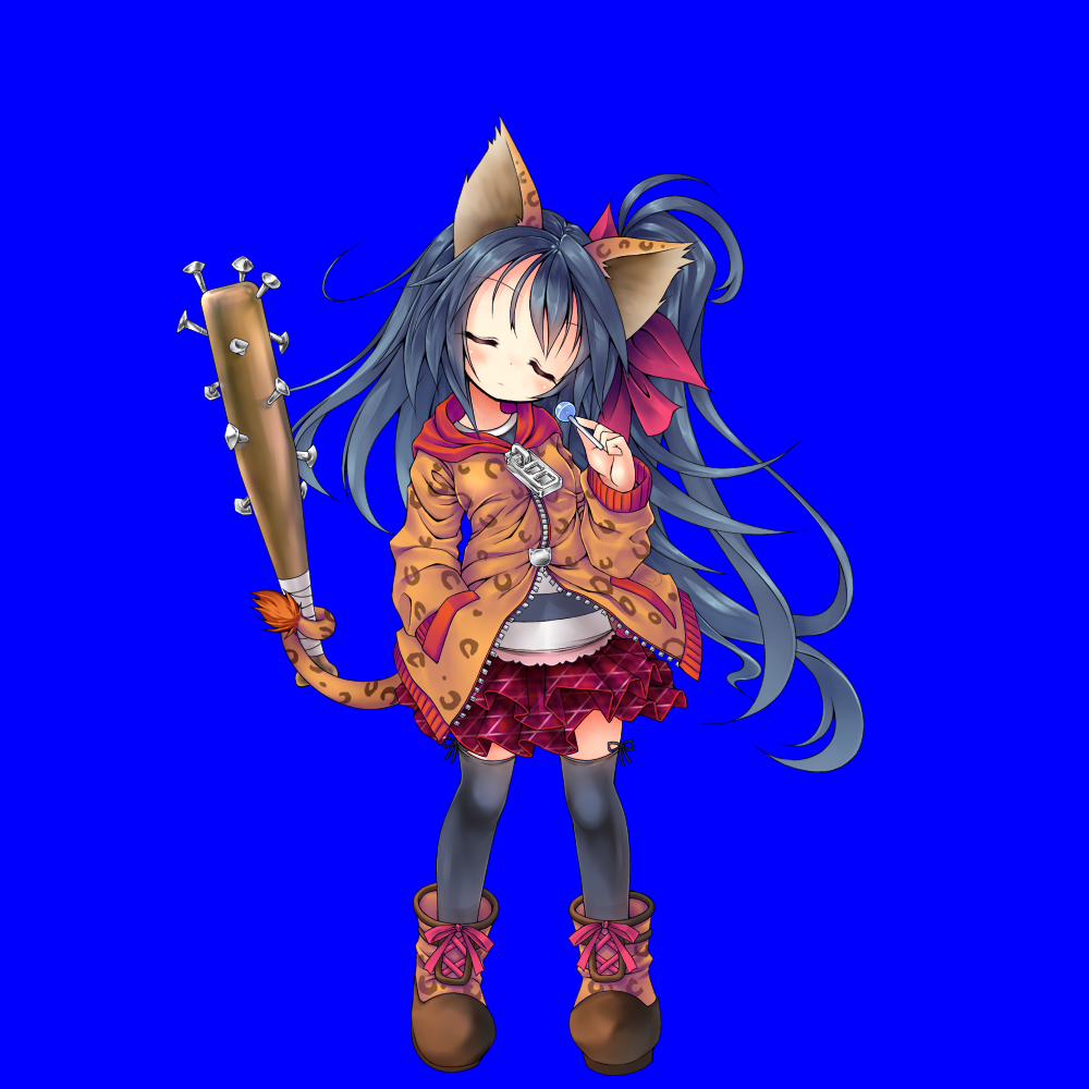 1girl, animal_ears, balulu_alma, bangs, baseball_bat, black_hair, black_legwear, blue_background