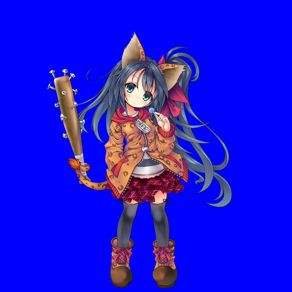 1girl, animal_ears, balulu_alma, bangs, baseball_bat, black_hair, black_legwear, blue_background
